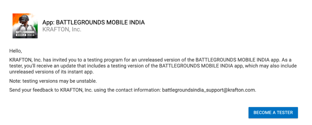 Get Battlegrounds Mobile India Early Access via Google Play Store